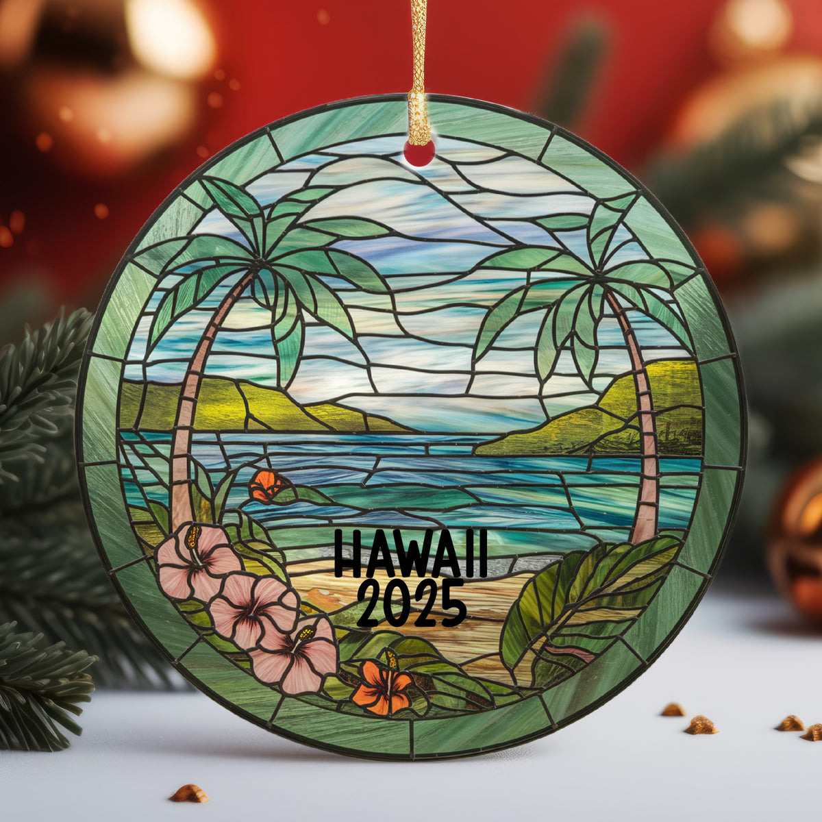 Tropical Hawaii Ceramic Ornament - Faux Stained Glass Look, Hawaii Keepsake, Hawaii Memento, Hawaii Souvenir